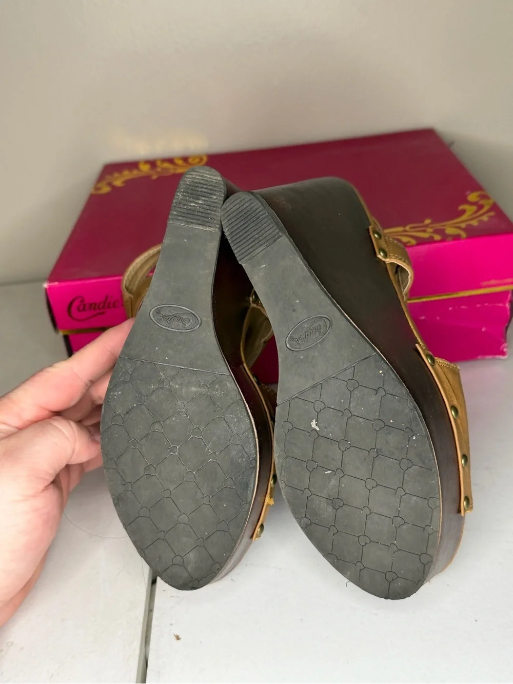 Candie's Cognac Leather Platform Wedge Sandals